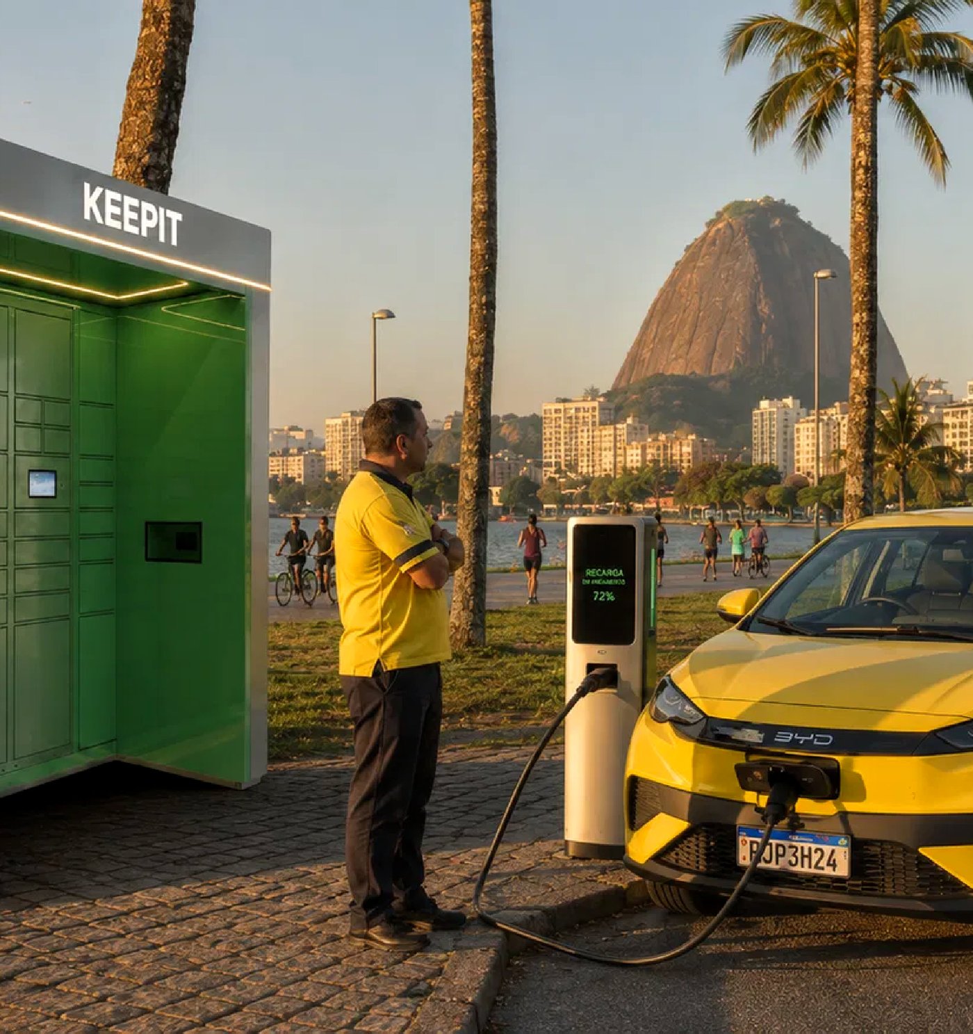 Cabine KeepIt com recarga de veículo elétrico à beira-mar no Rio de Janeiro