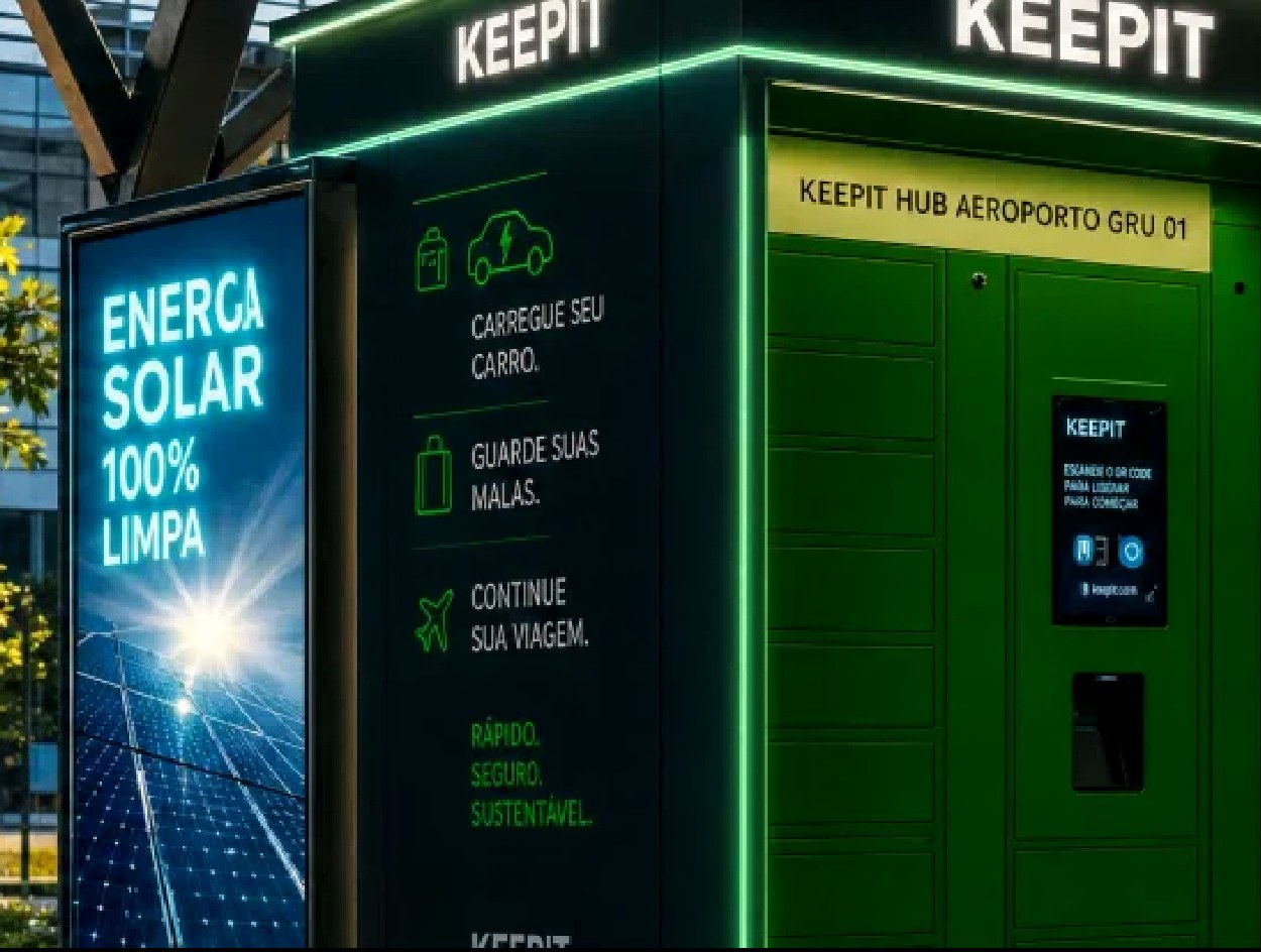 Cabine KeepIt real, com painel de LED e lockers inteligentes